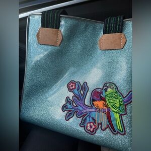 Consuela MTRA large tote with tiger birds flowers glitter blue coral